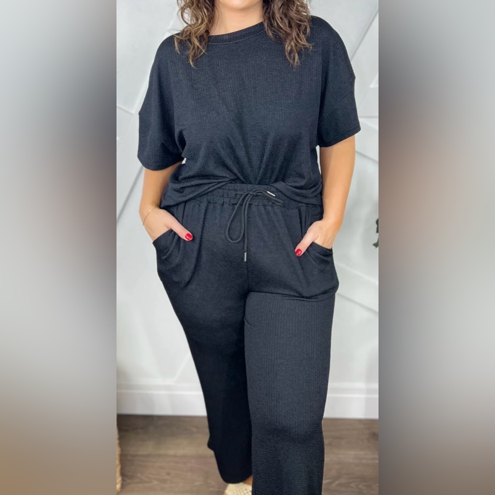 Double Take Textured Round Neck Short Sleeve T-Shirt and Wide Leg Pants set 2X